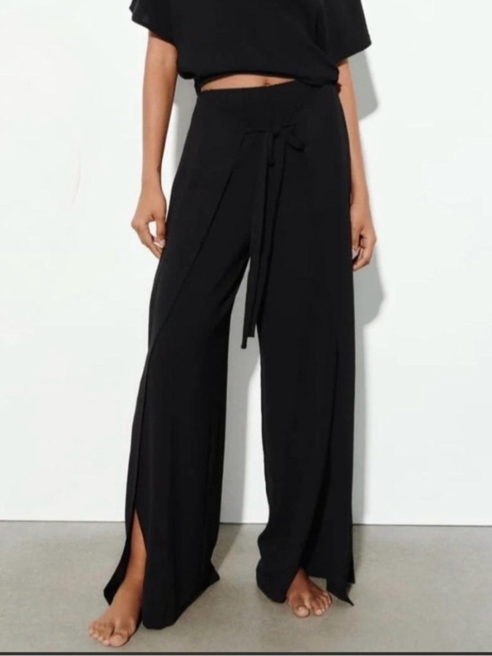 Zara Black Wide-Leg Wrap Tie-Waist Pants with Side Slits Size Large